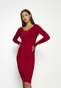 Even&Odd Damen KNIT V NECK MIDI BODYCON DRESS - Etuikleid - Red